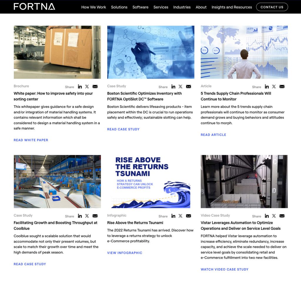 Different kinds of content on Fortna's site.